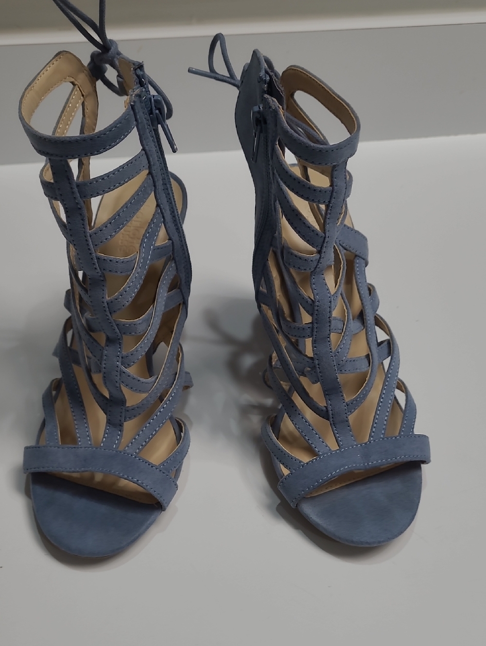 Charlotte Russe Blue Strappy Cage Heels with Chunky Block Heel Sandals - Size 8